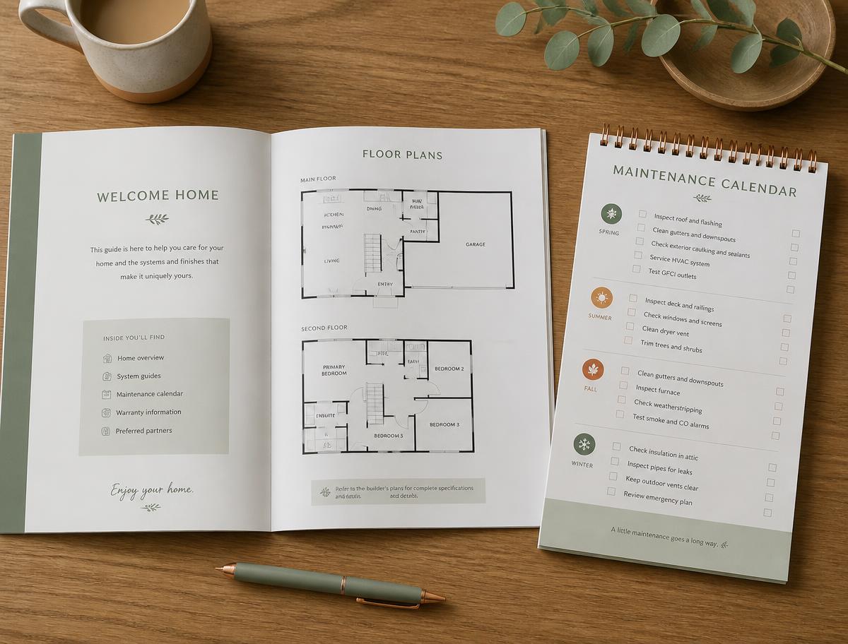 Open home layout booklet showing floor plans beside a maintenance calendar
