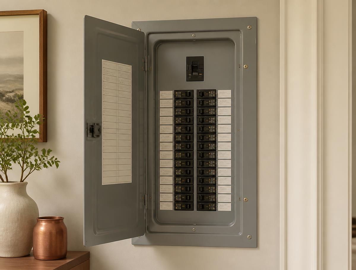 Residential electrical panel with a neatly labelled breaker directory