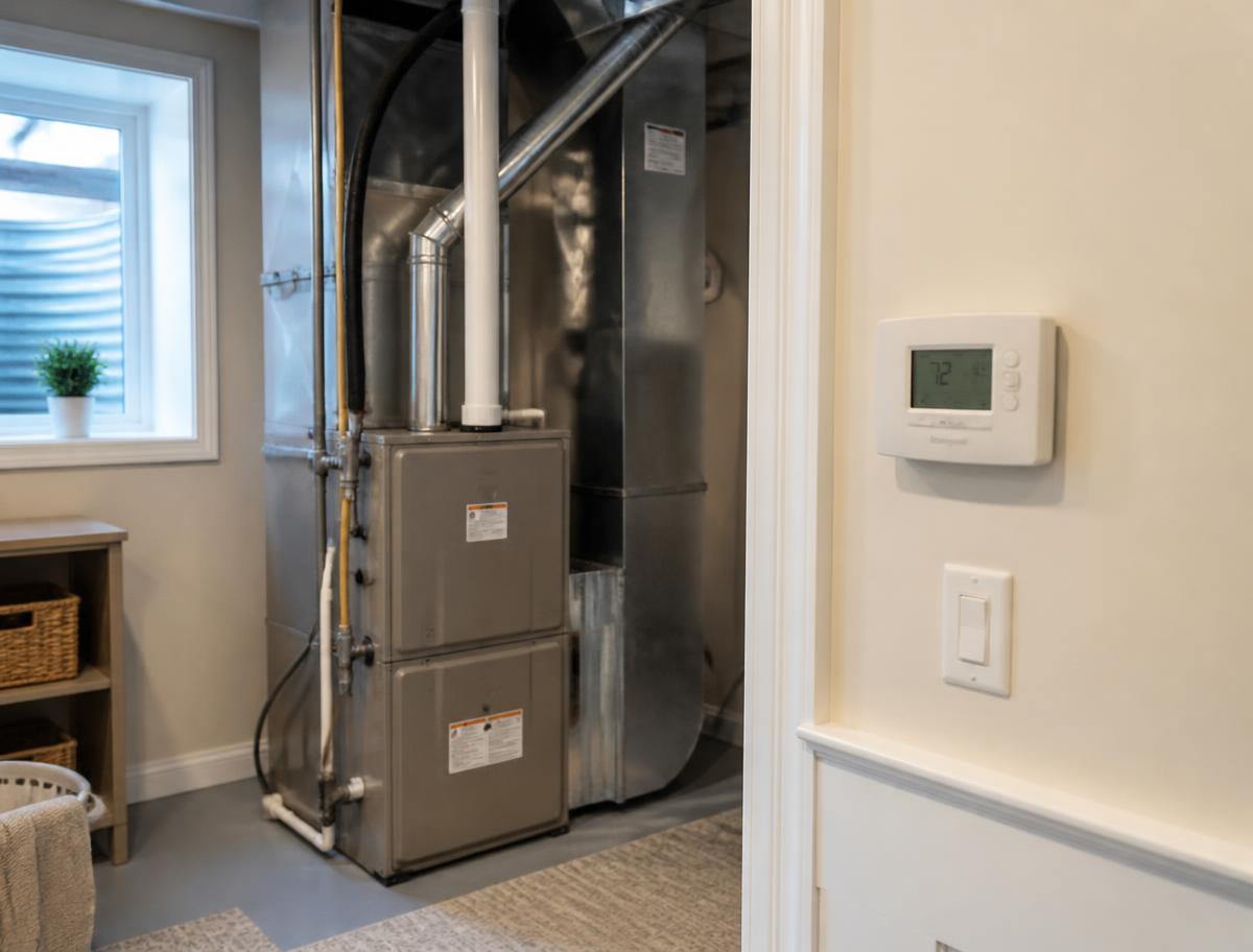 Furnace in a tidy utility room next to a wall thermostat