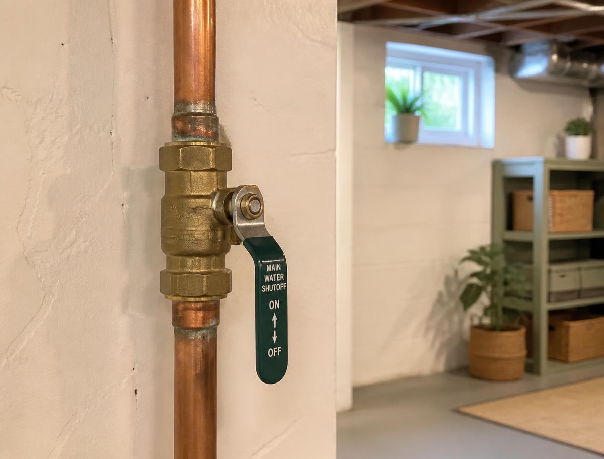 Labelled main water shutoff valve on a copper pipe in a clean basement